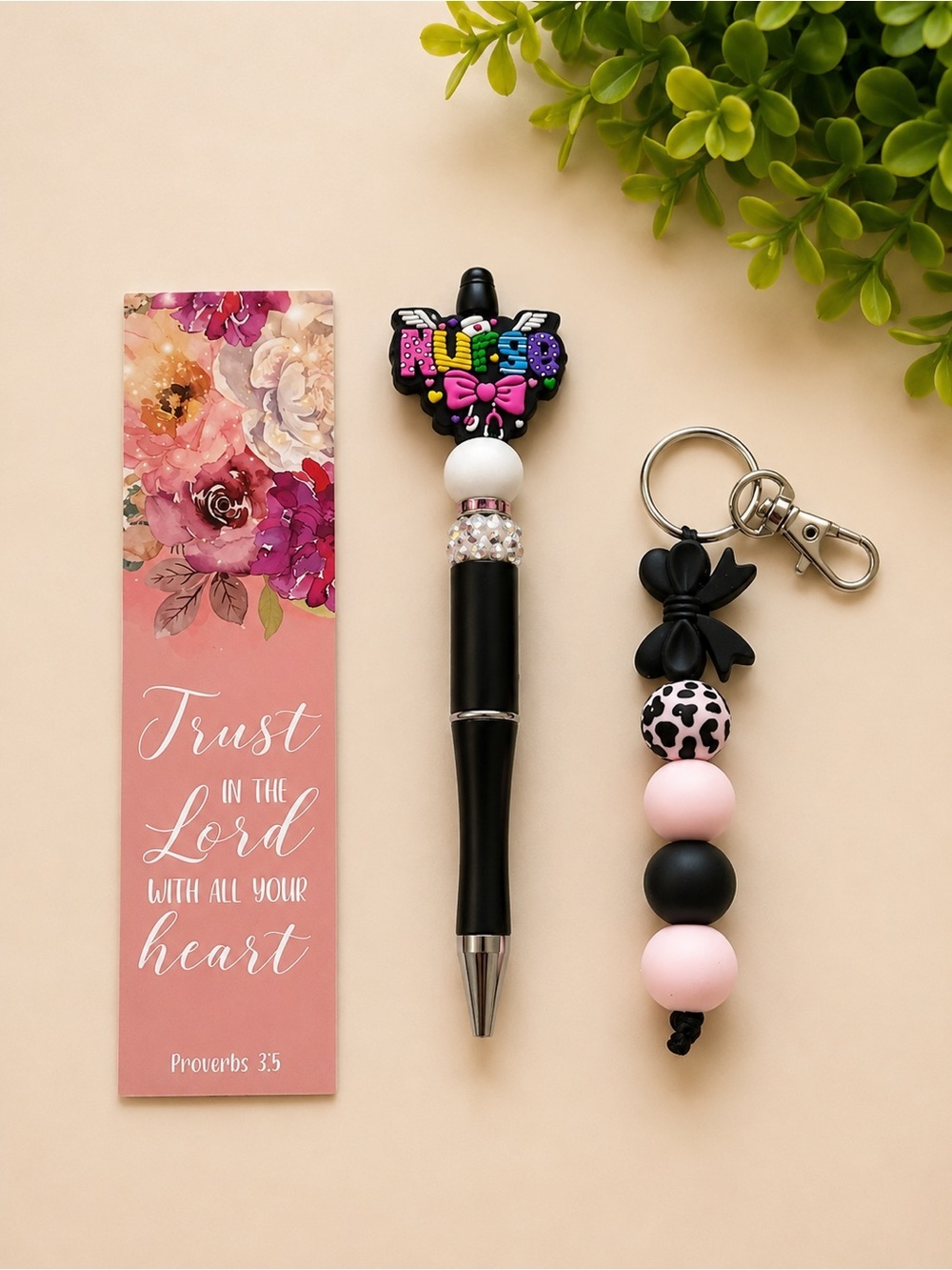 Black Nurse Pen with Pink and Black Beaded Keychain - Nursing Gift